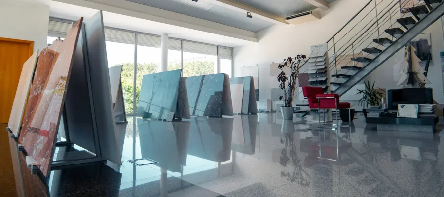 Application of Natural Stone in Construction | Cover image of a showroom with slabs of different types of stone and finishes