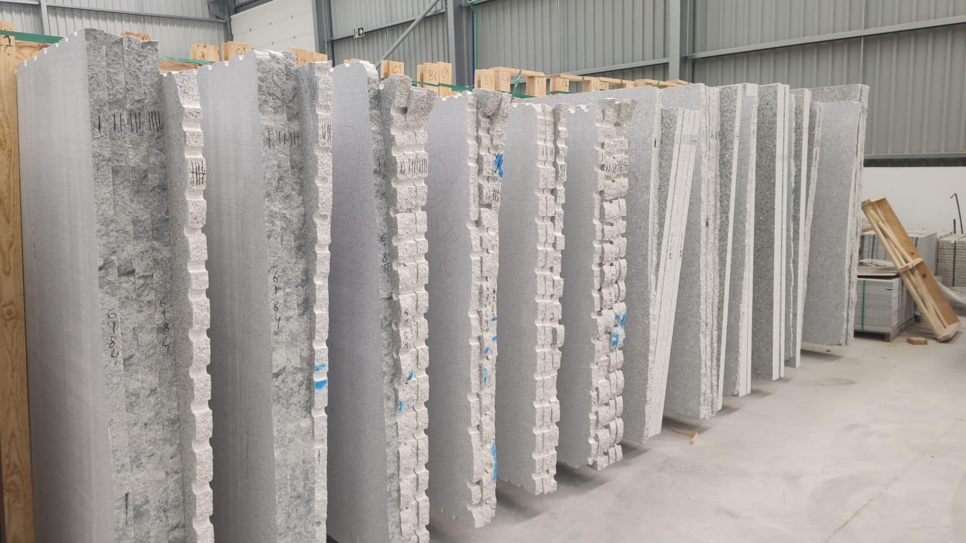 Stone slabs on A-frames, ready for dispatch